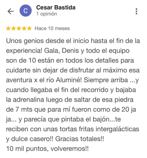 Reseña positiva de clientes de Abra Ancha Rafting