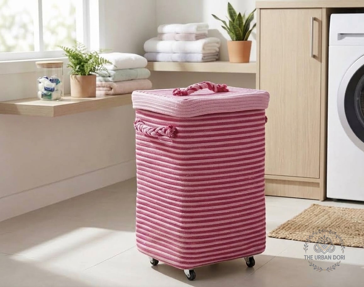 Pink Striped Cotton Rolling Laundry Basket with Lid & Wheels — handcrafted cotton by The Urban Dori