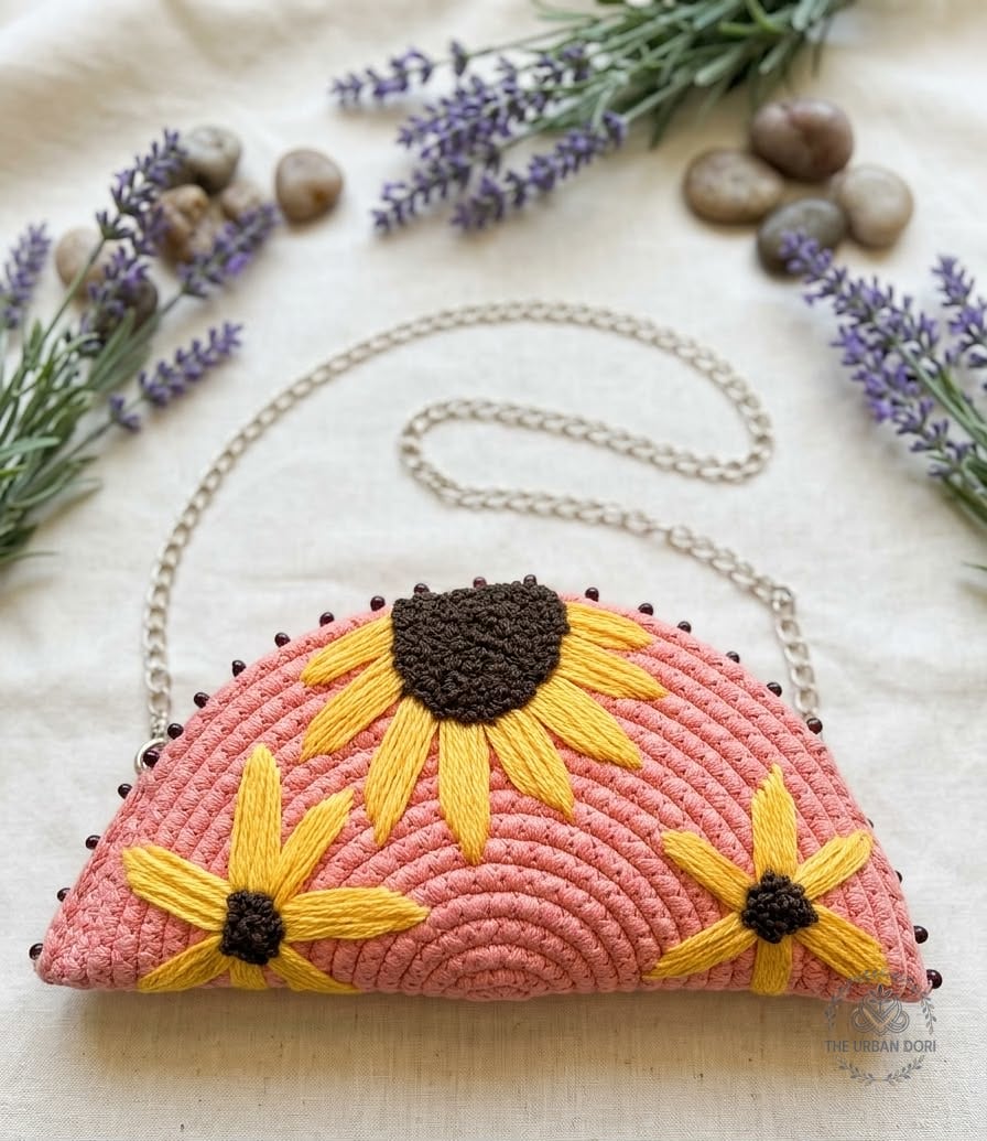Embroidered Half Moon Clutch for Women with Zipper and Shoulder Carry Strap — handcrafted cotton by The Urban Dori