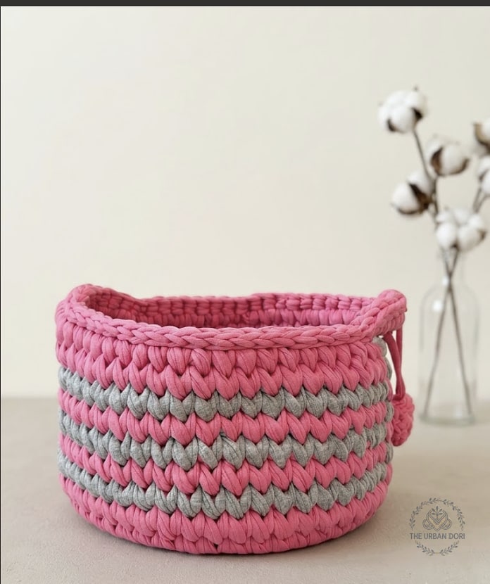 Handcrafted Pink & Grey Cotton Cord Storage Basket — handcrafted cotton by The Urban Dori
