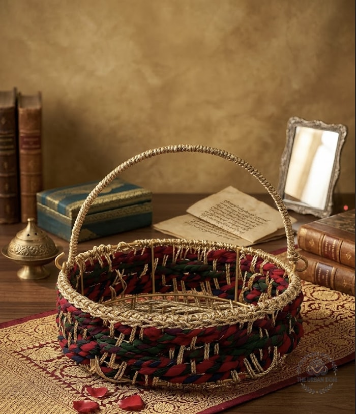 Handcrafted Cotton & Gold Wire Round Hamper Basket — handcrafted cotton by The Urban Dori