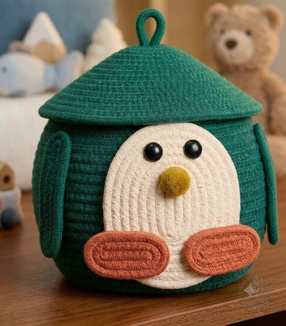 Penguin Storage Basket - Forest Green — handcrafted cotton by The Urban Dori