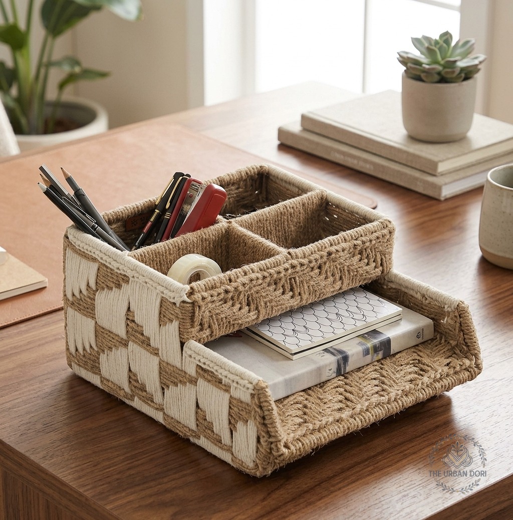 Keep your workspace refined and clutter-free with this handcrafted natural jute desk organizer. Featuring multiple compartments for pens, stationery, and small 