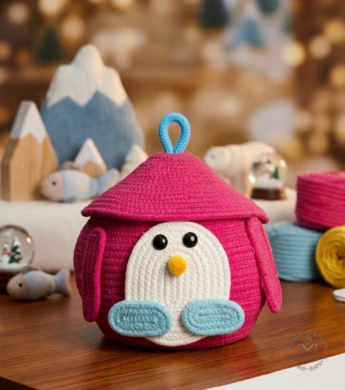 A hand-woven, penguin-themed cotton rope storage basket in vibrant pink, featuring a fitted lid and blue top loop—perfect for festive, whimsical, and organized 