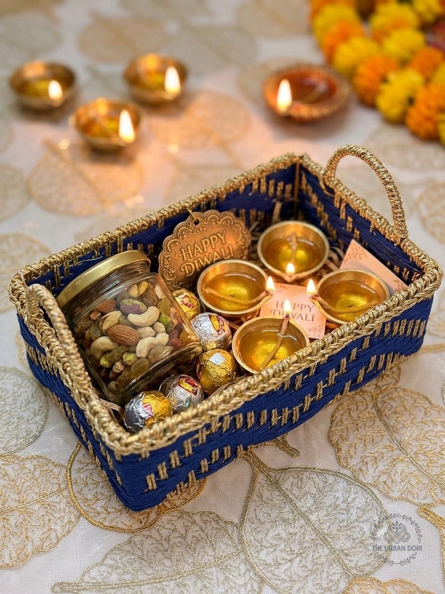 Elevate your space with this luxury handcrafted rectangular storage basket featuring an intricate woven geometric pattern in rich royal blue and shimmering gold