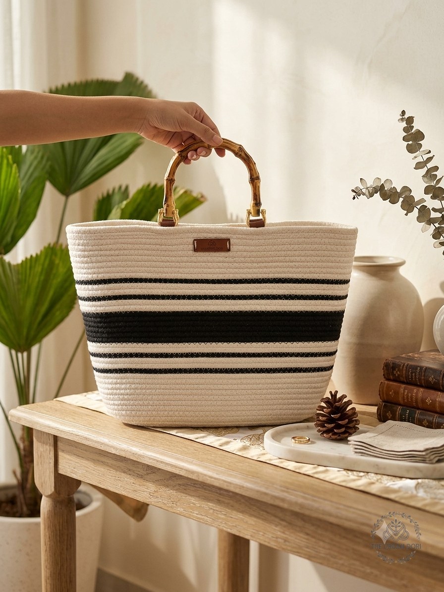 The Breeze Tote features classic stripes, smooth top handles, and a roomy interior designed to easily fit your laptop, everyday essentials, and market finds.