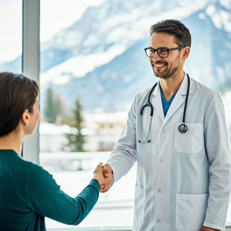 A doctor shaking hands with a patient in a modern Swiss clinic