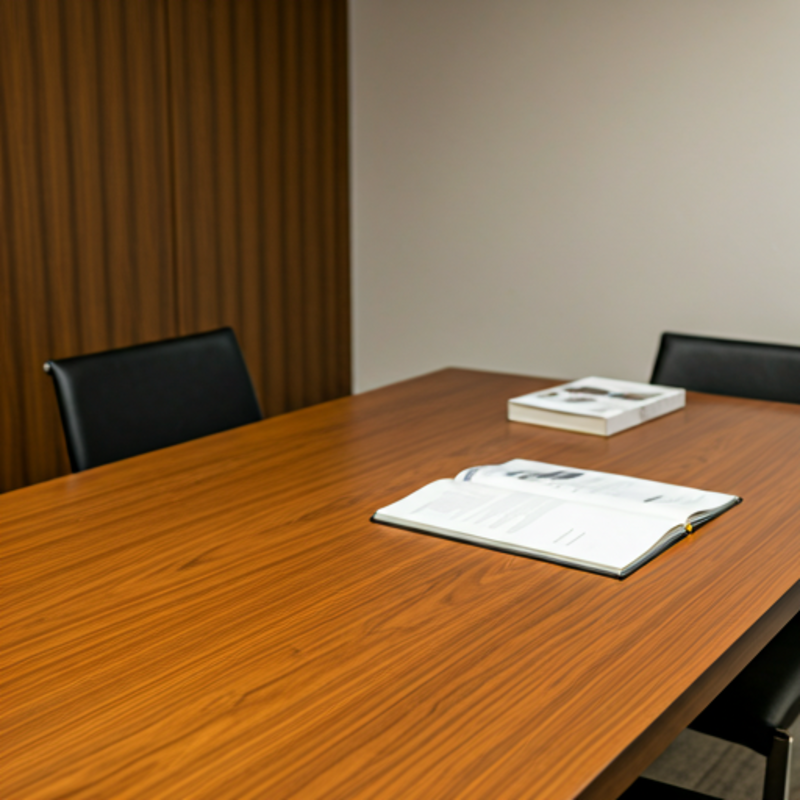 A professional consultation room with warm wooden table