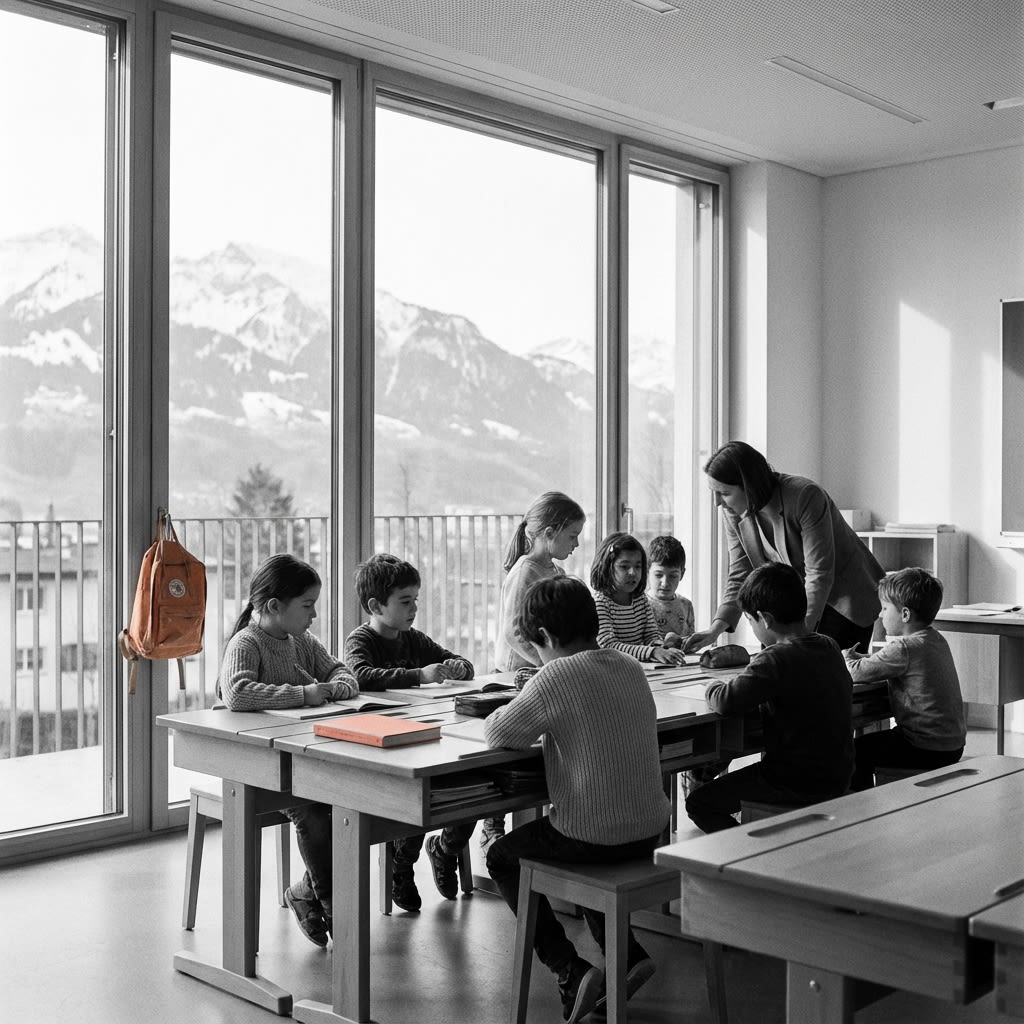 Modern Swiss Classroom with Orange Backpack