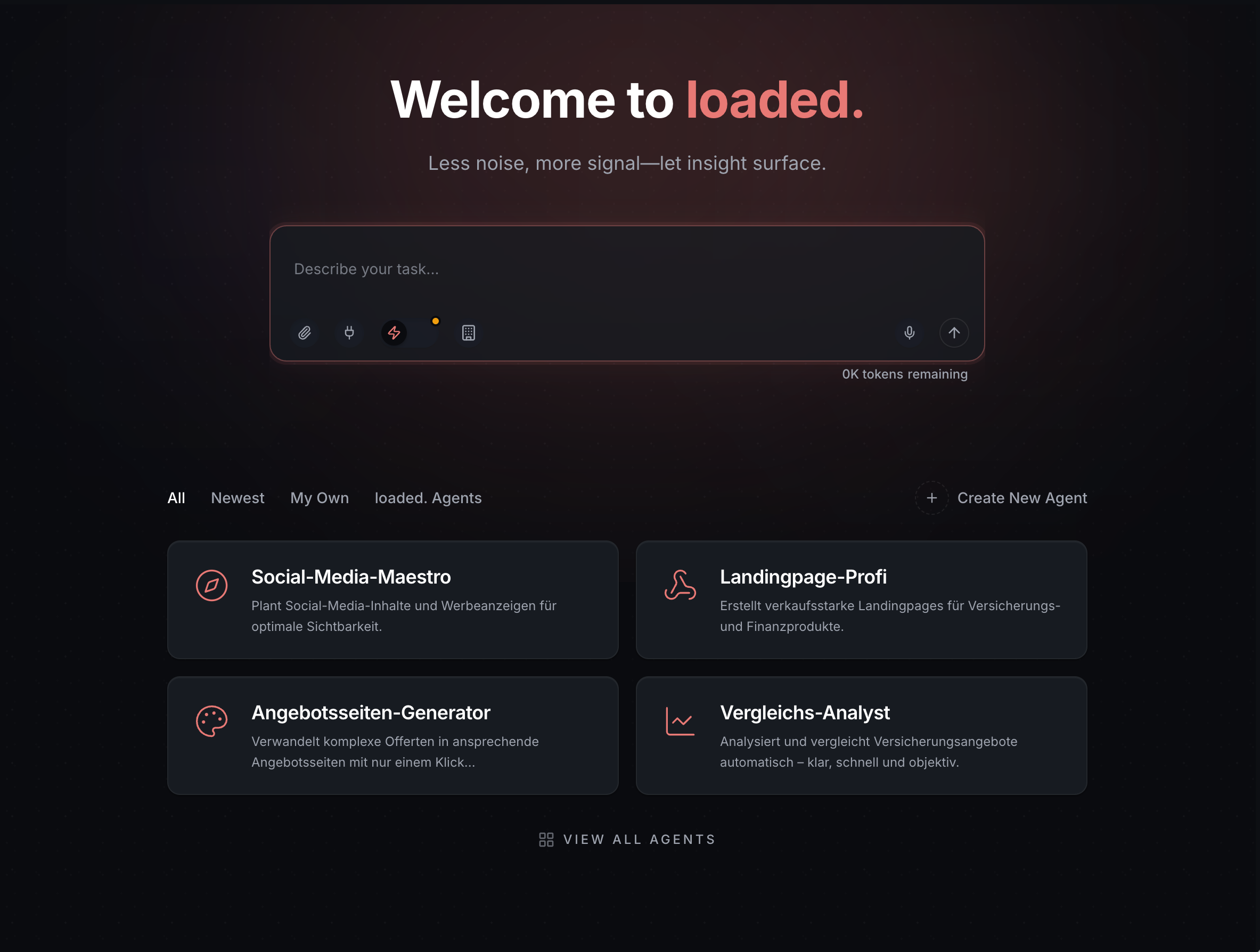 loaded. AI-Agent-Plattform — Agent-Builder mit Tools, Integrationen und Embed-Konfiguration