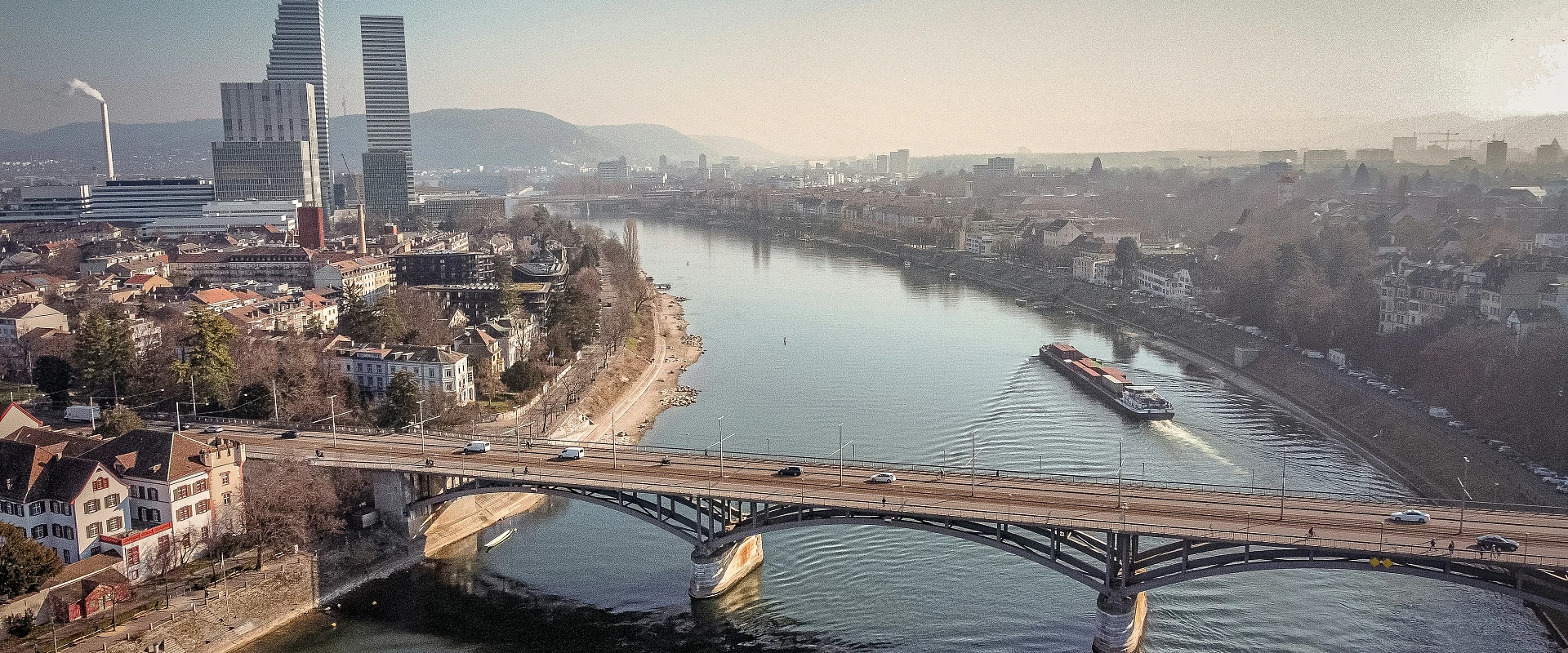 Basel Rhine river and pharmaceutical district