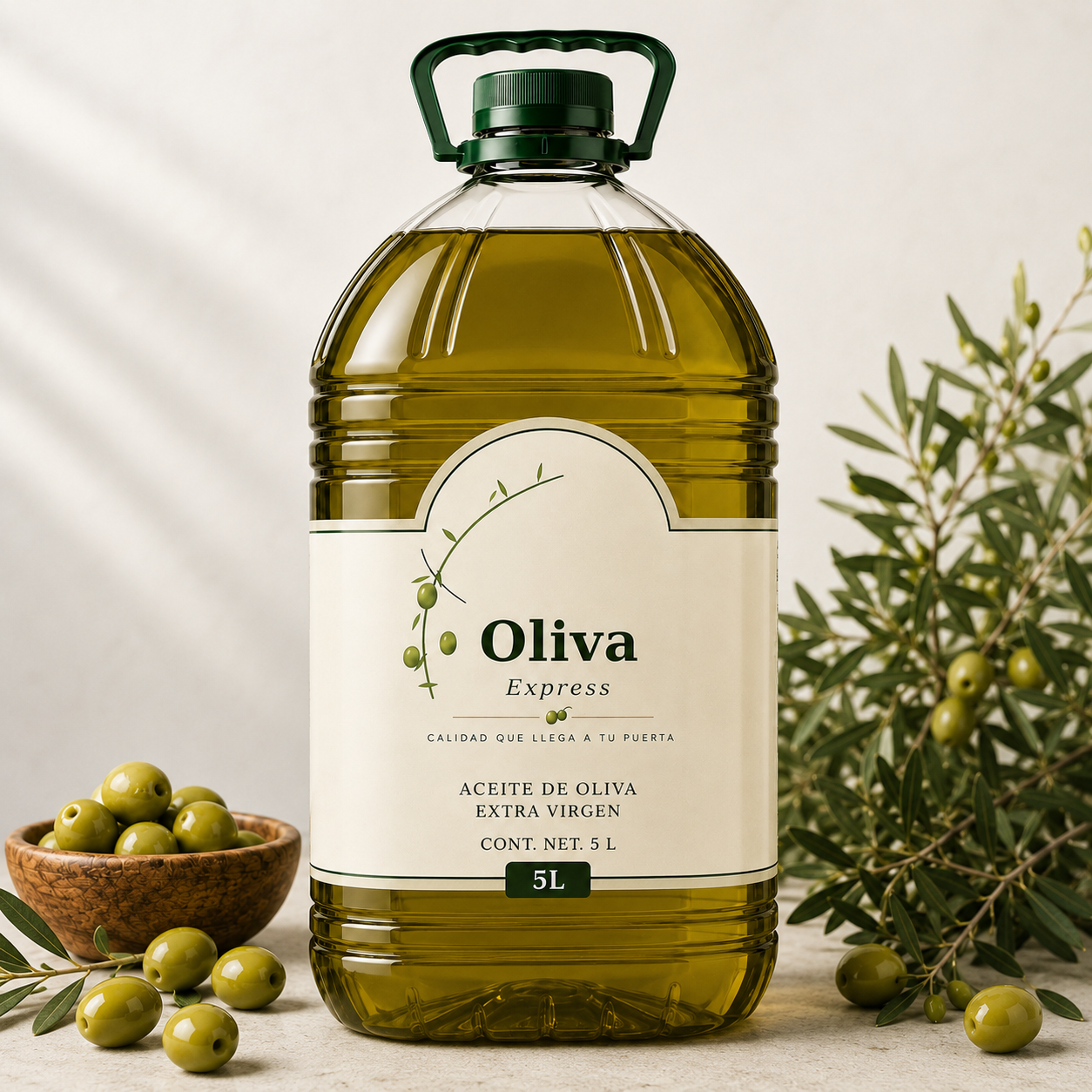 Galón Oliva Express con rama de olivo de fondo