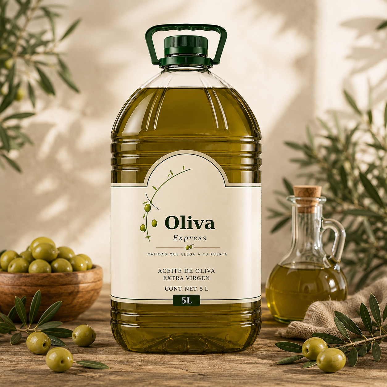 Galón Oliva Express junto a aceitunas frescas