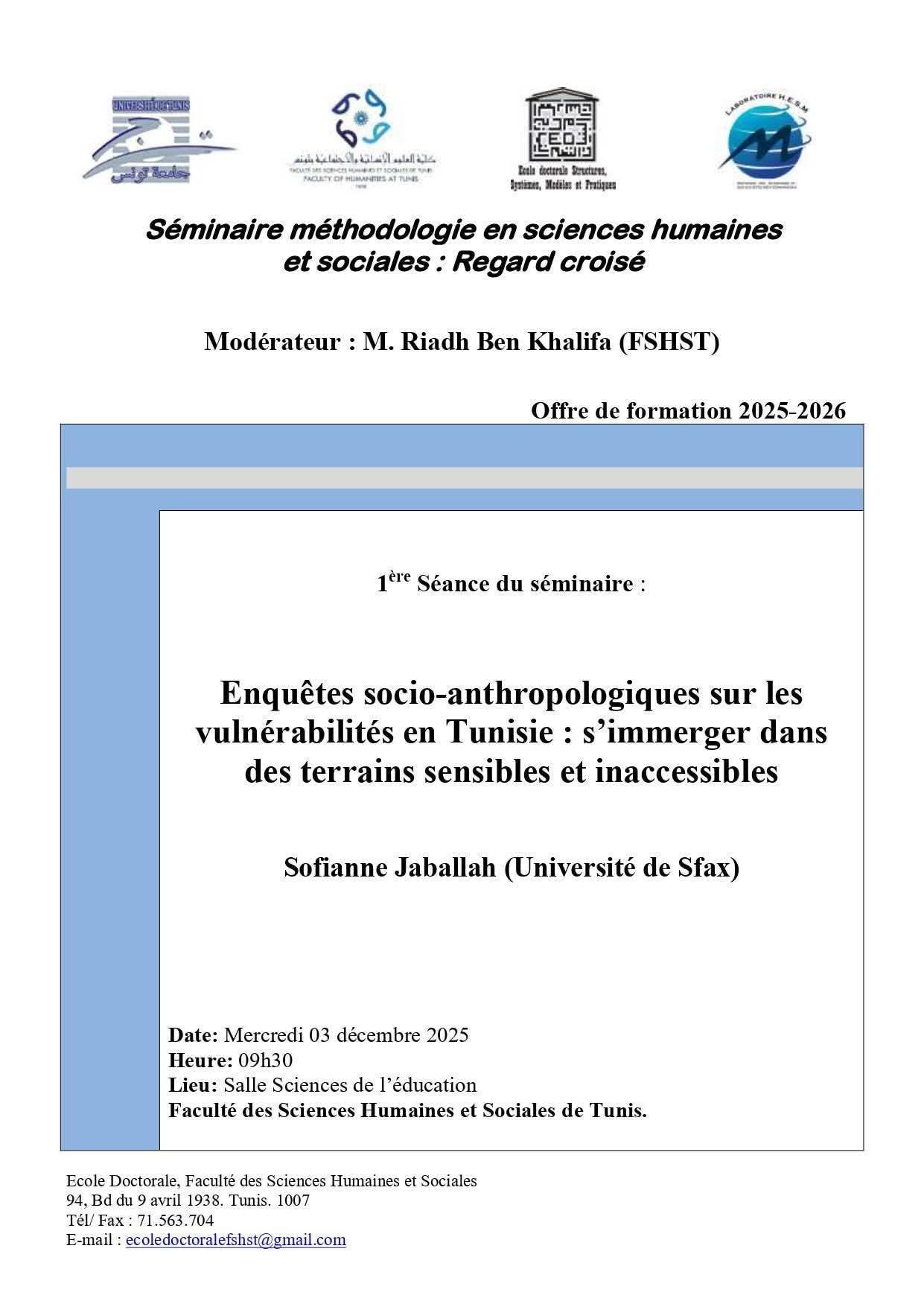 Affiche de Enquête socio-anthropologiques sur les vulnérabilités en Tunisie: s'immerger dans des terrains sensibles et inaccessibles