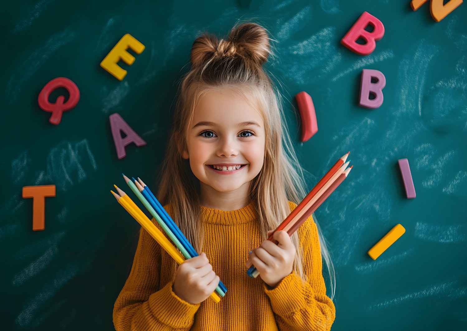Smiling girl holding pencils in front of a chalkboard