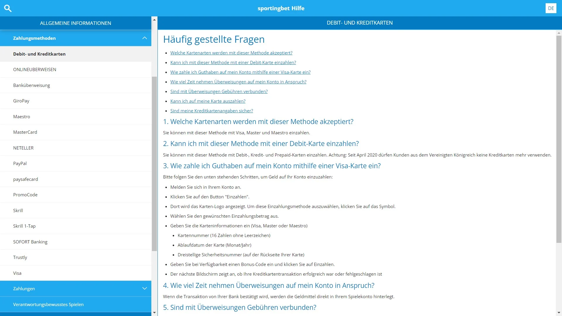 Sportingbet Einzahlung Karten FAQ Desktop