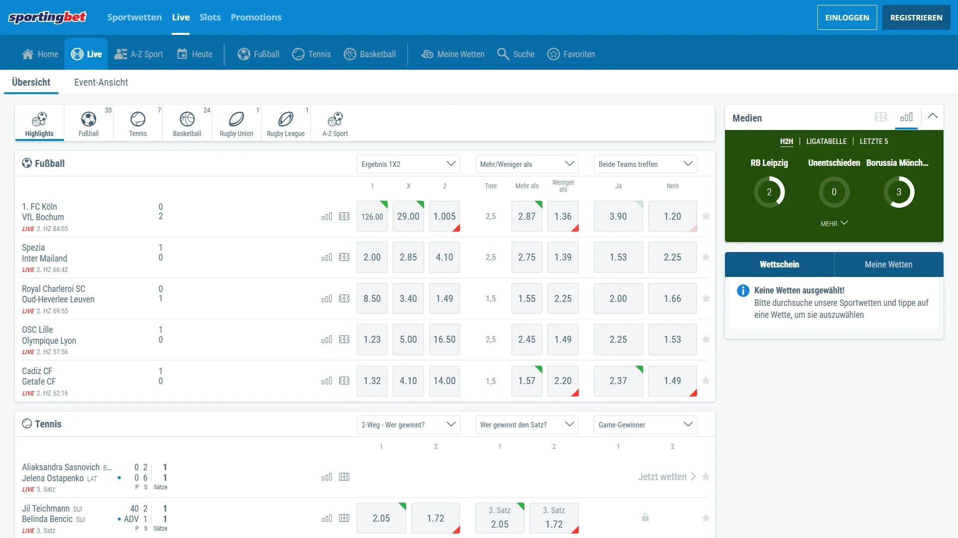Sportingbet Livewetten Desktop