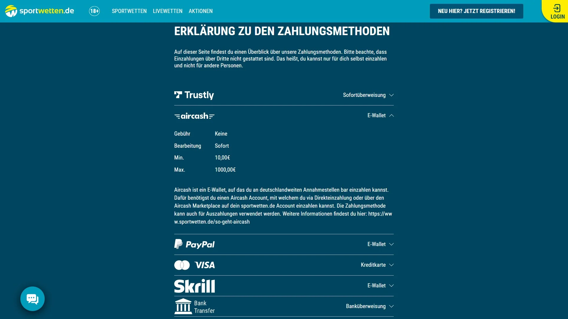 Sportwetten.de Zahlungsmittel aircash Desktop