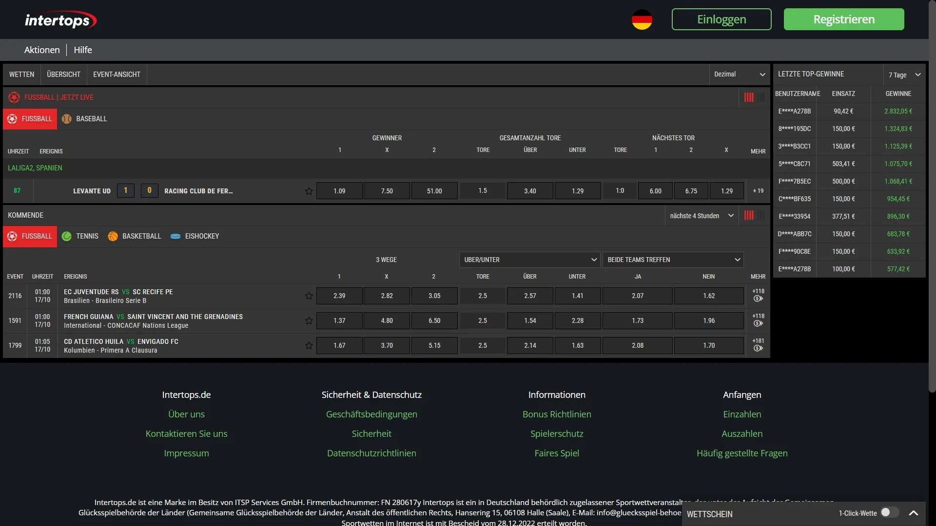 Intertops Livewetten Übersicht Desktop