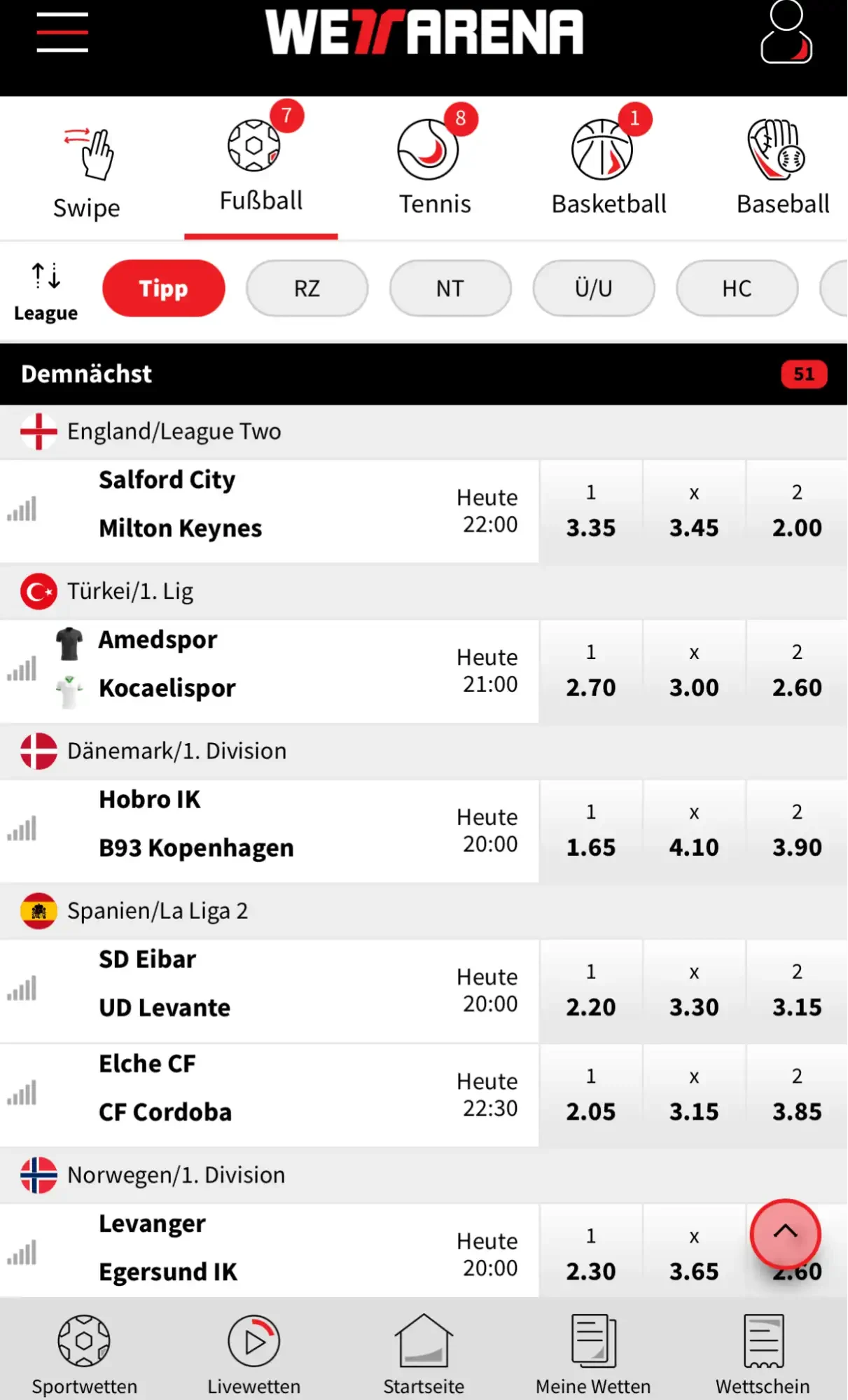 Wettarena Fussballwetten in der App