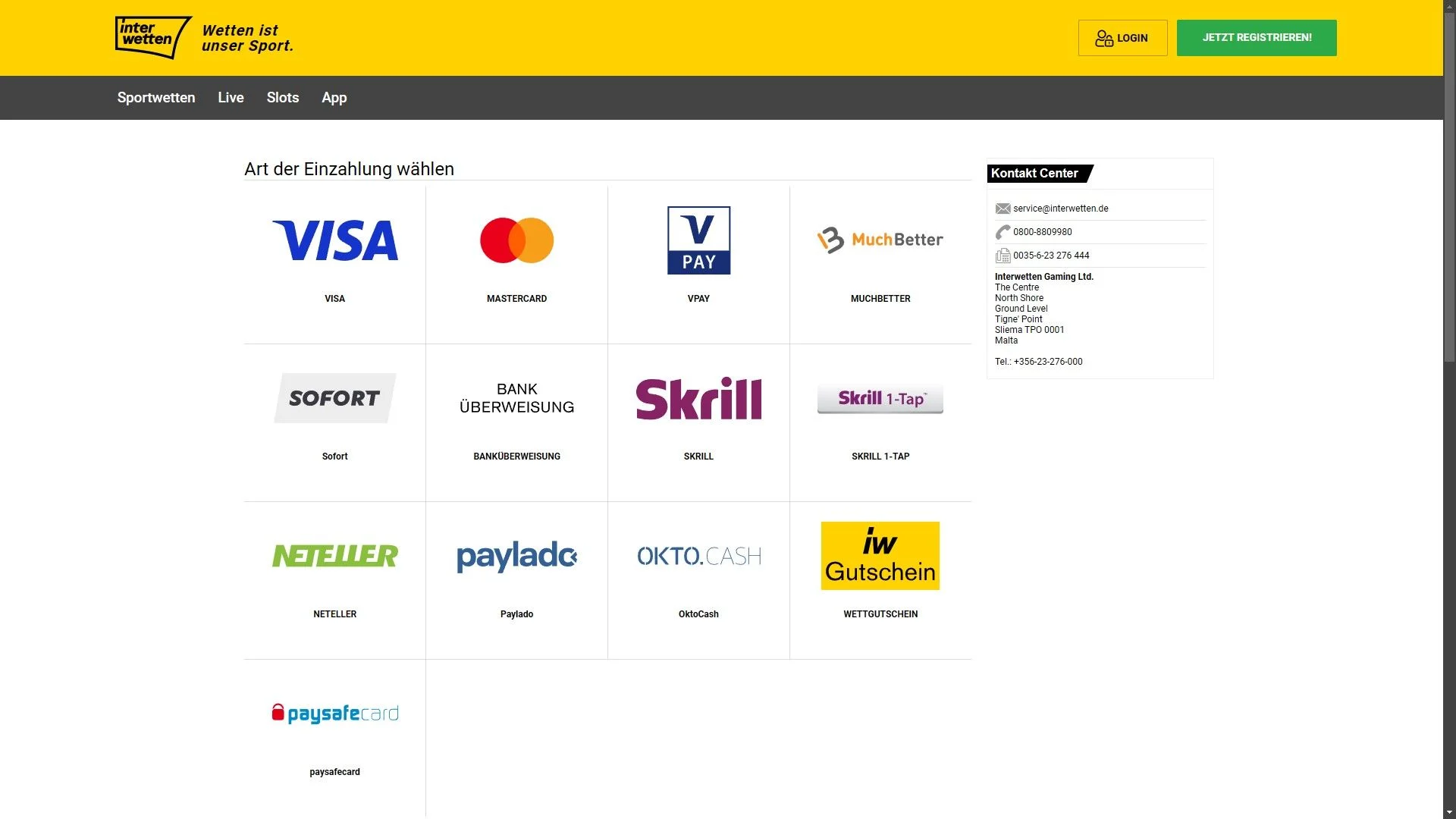 Interwetten Einzahlung Zahlungsmittel Desktop