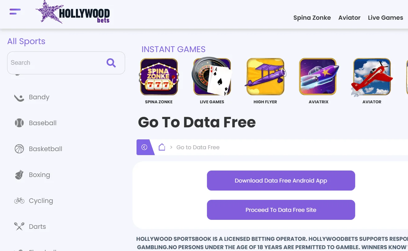 Hollywoodbets Data Free App