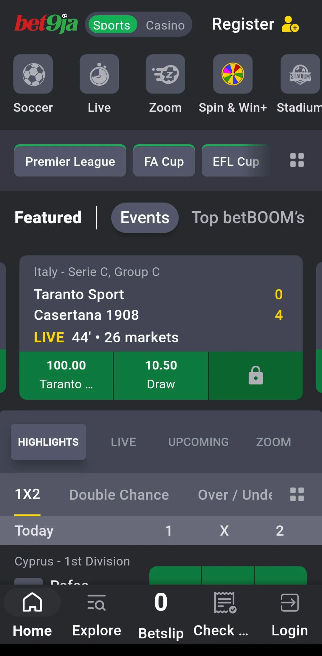 Bet9ja App Home