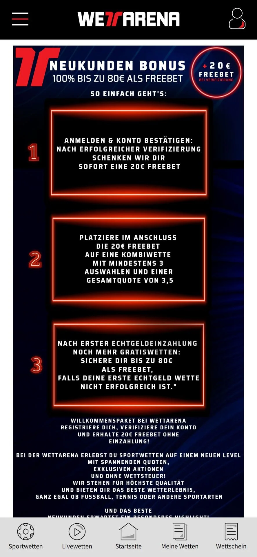 Wettarena Willkommensbonus Handy