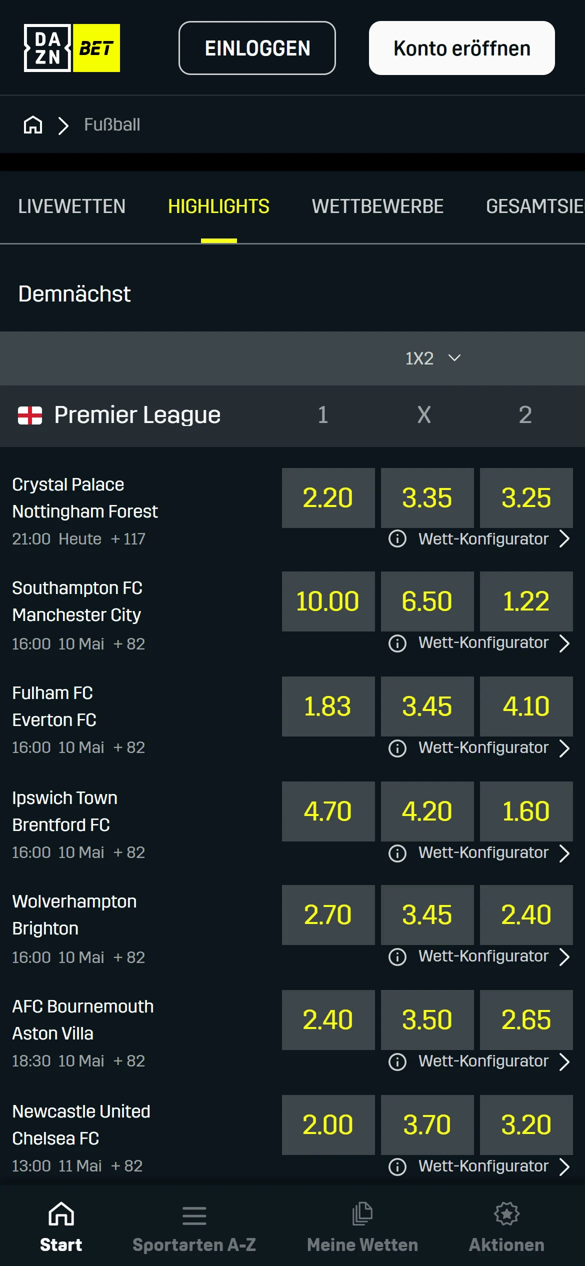 DAZN Bet Startseite Fußballwetten Handy