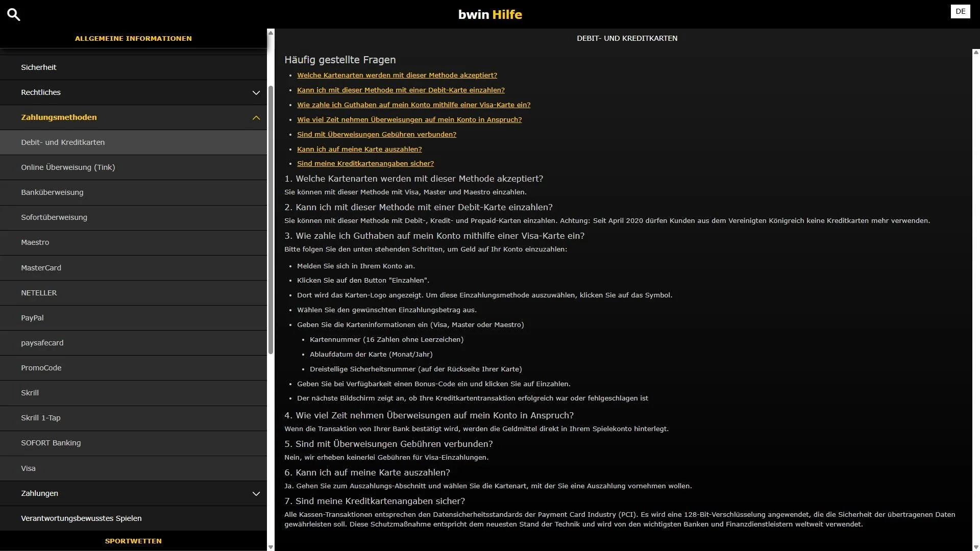 Bwin Einzahlung Karten FAQ Desktop
