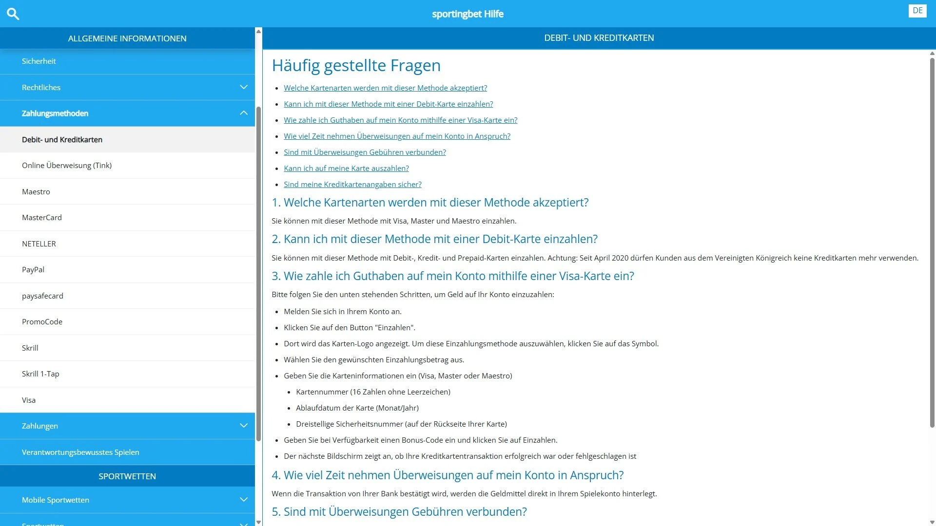 Sportingbet Einzahlung Karten FAQ Desktop