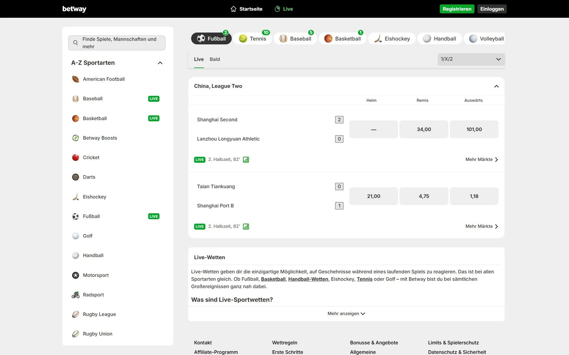 Betway Livewetten Desktop