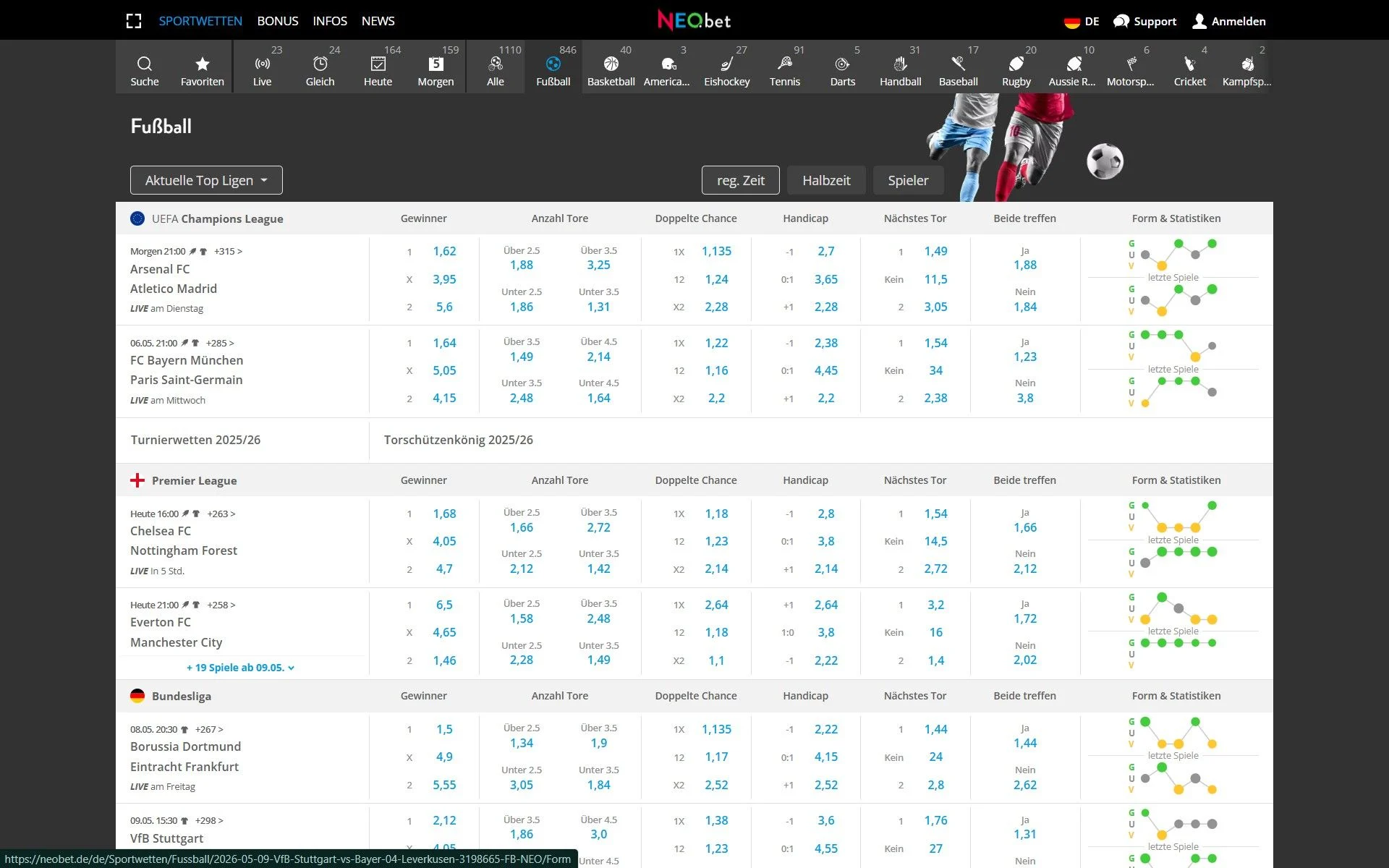 Neobet Prematch Wetten Fußballwetten Desktop