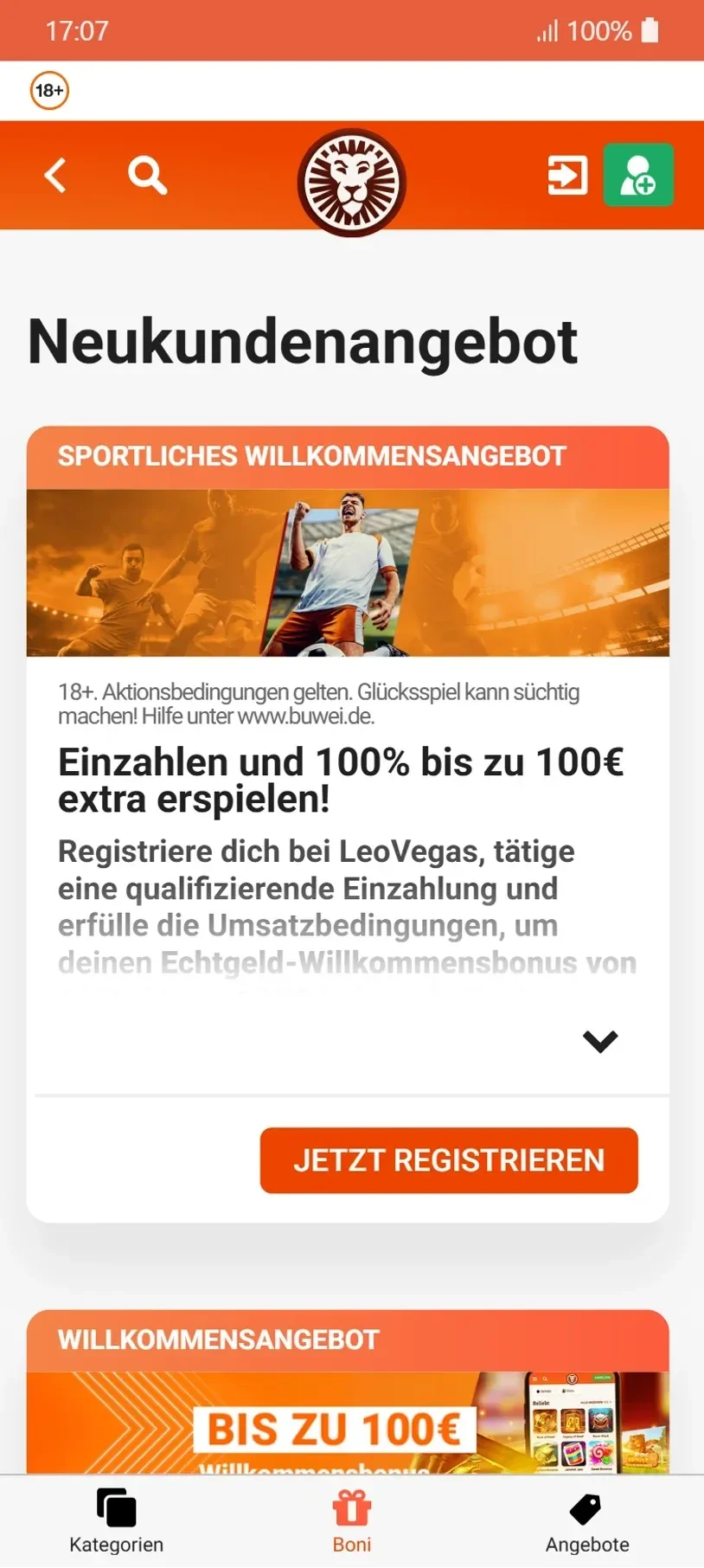 LeoVegas Bonus Übersicht Handy