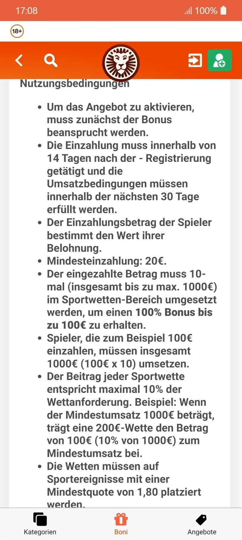 LeoVegas Neukundenbonus Sportwetten AGB Handy