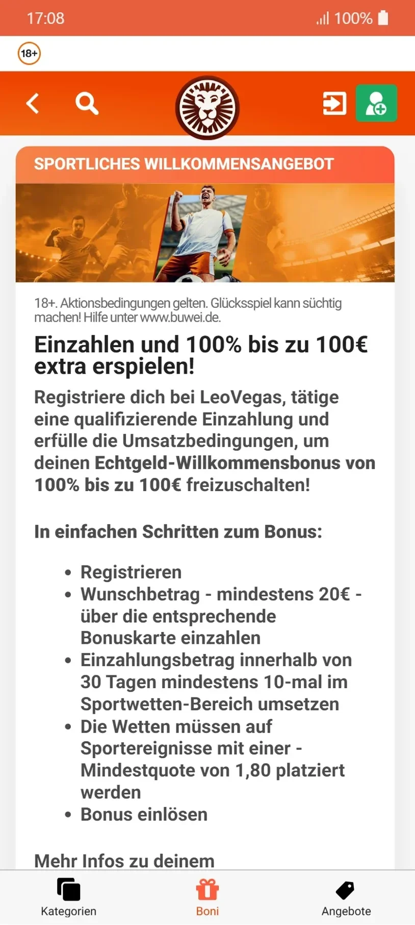 LeoVegas Neukundenbonus Sportwetten Handy