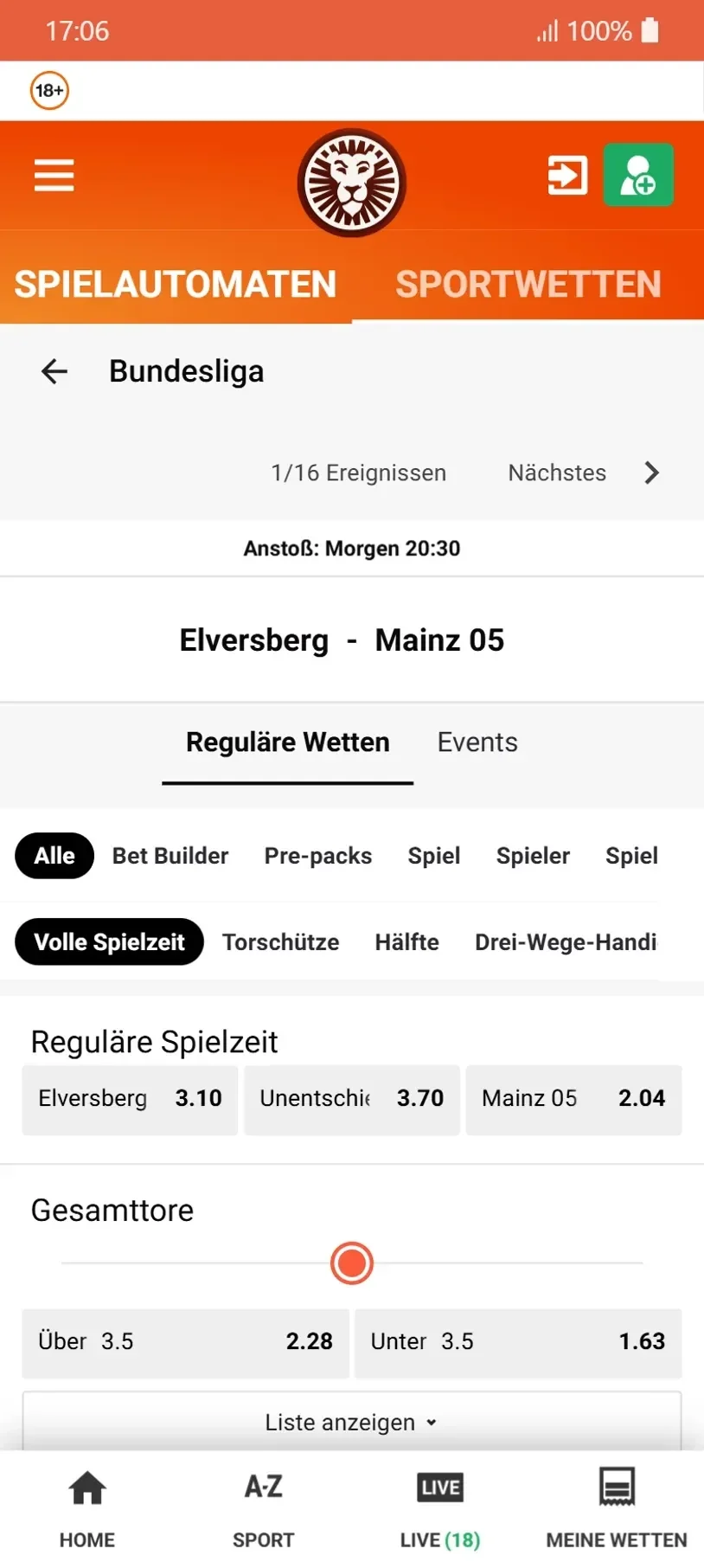 LeoVegas Bundesliga Spiel Prematch Handy