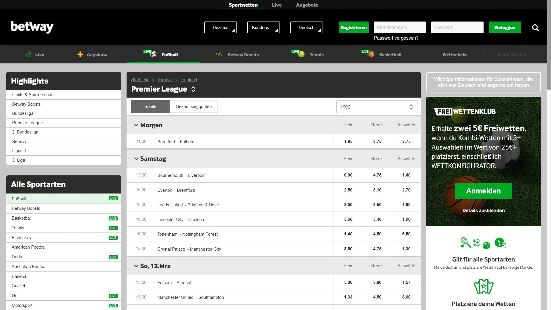 Betway Sportwetten Premier League Desktop