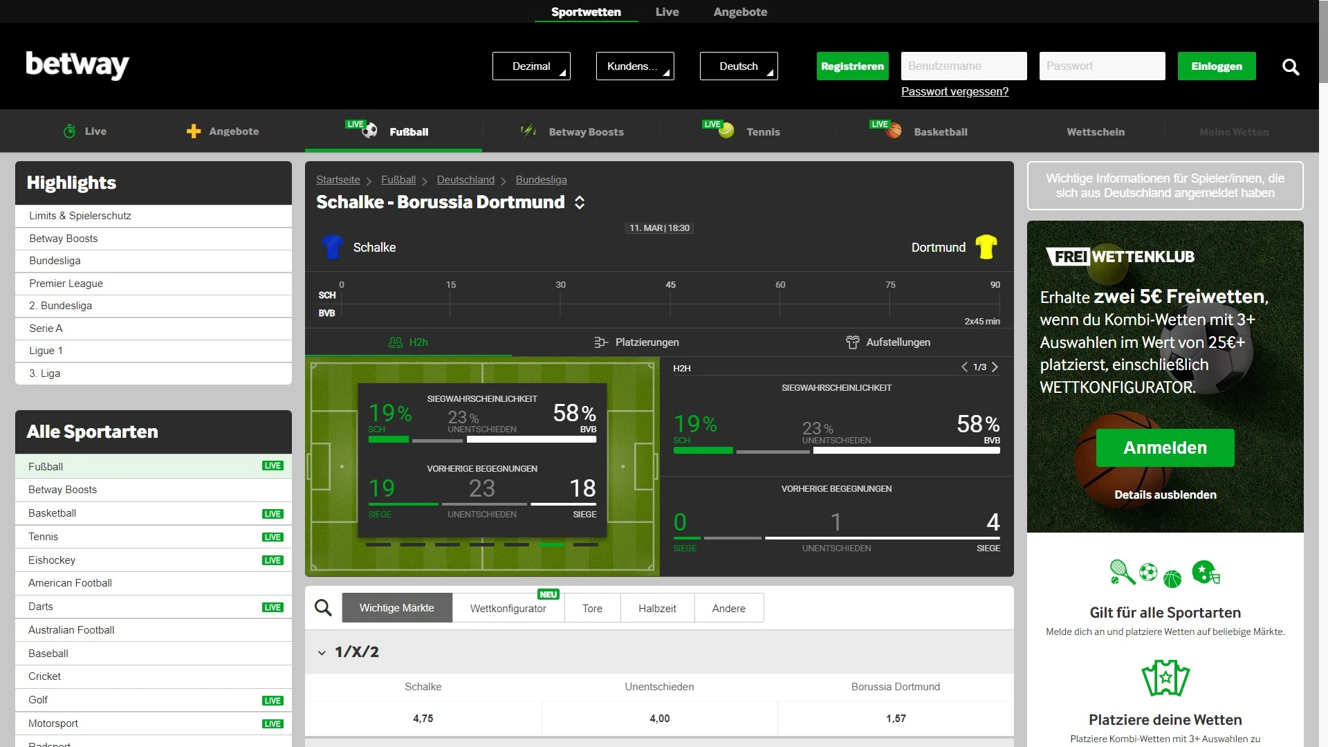 Betway Sportwetten Bundesliga Spiel Desktop