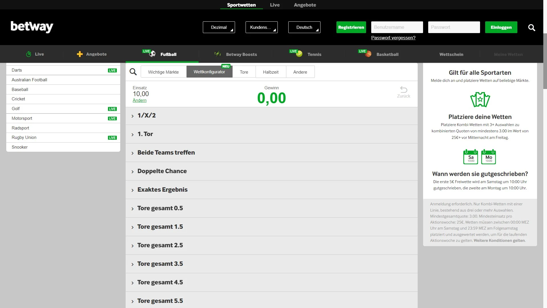 Betway Wettkonfigurator Desktop