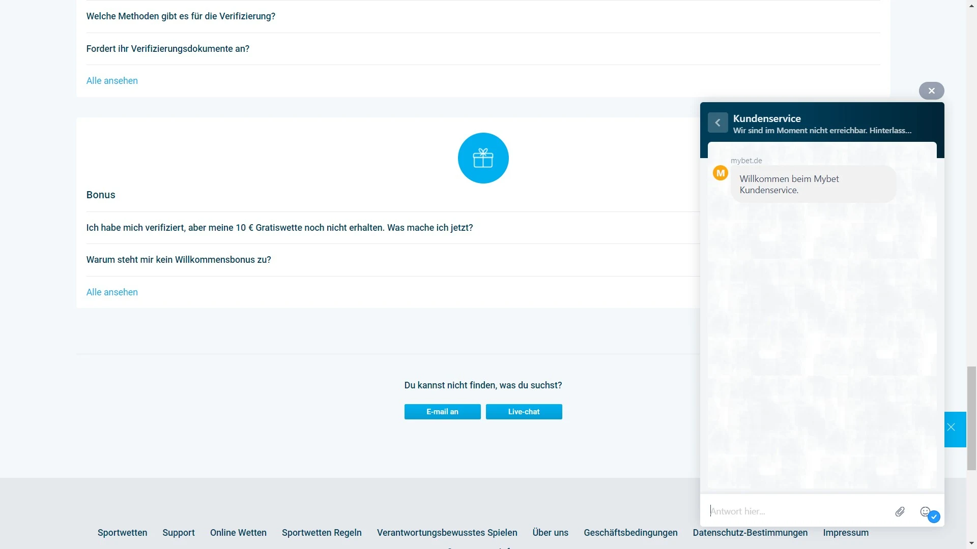 Mybet FAQ Verifizierung Livechat Desktop