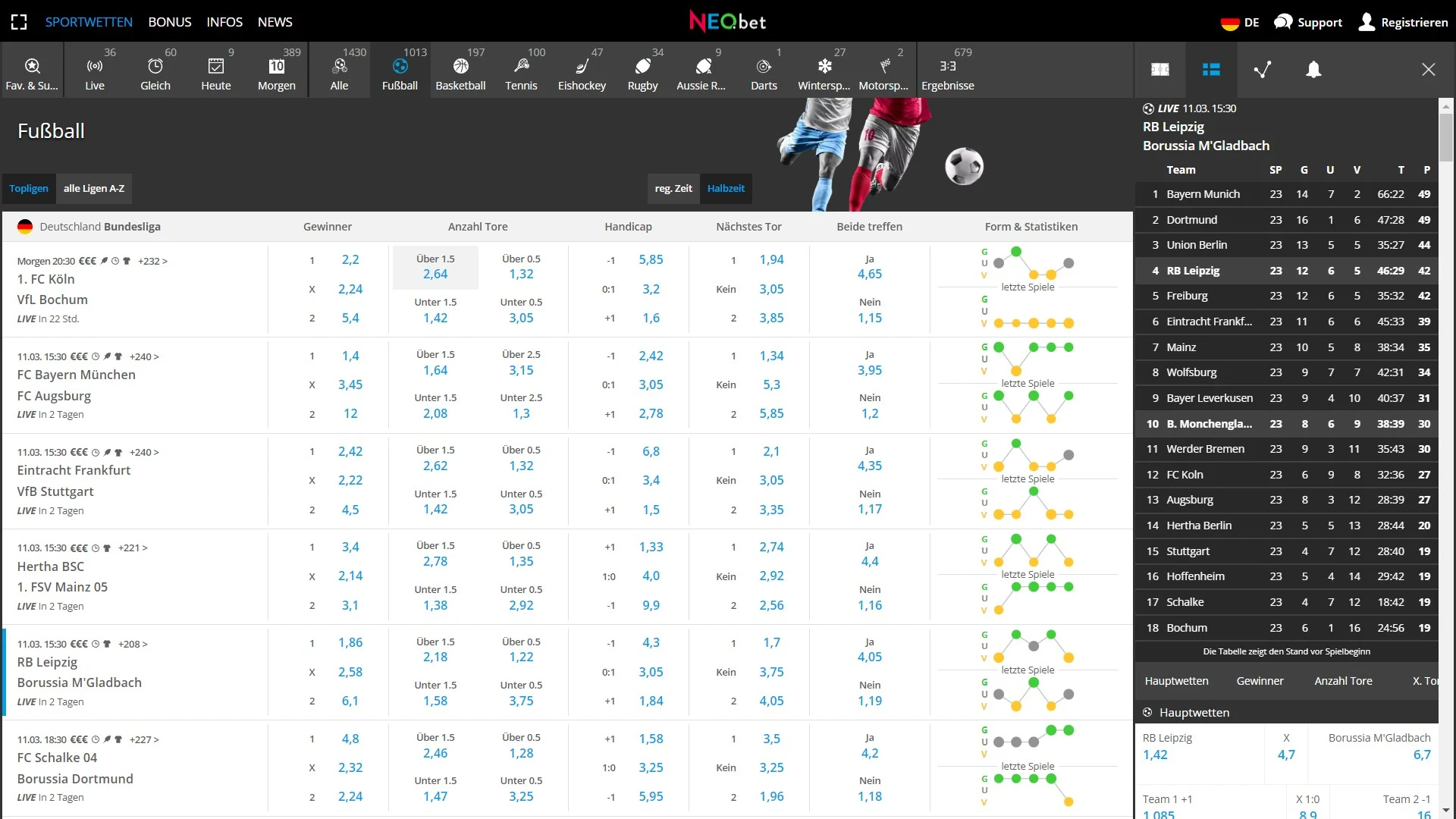 Neobet-Prematch Wetten Fußballwetten Bundesliga Tabelle Desktop