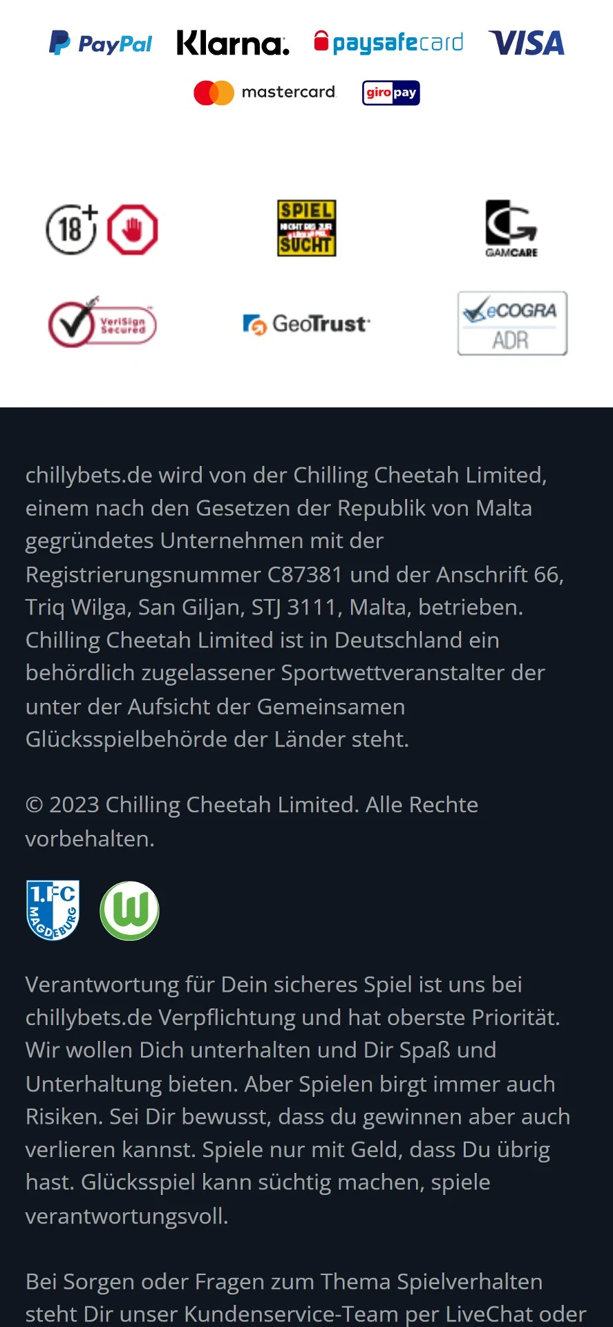 ChillyBets Zahlungsmittel Wolfsburg Magdeburg Handy