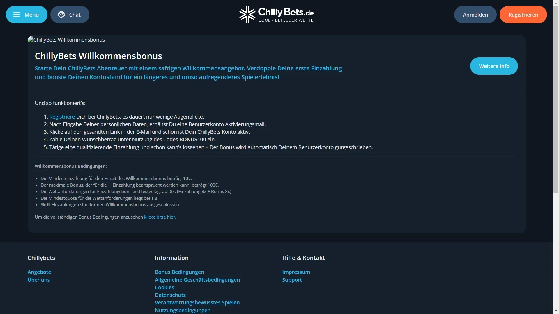 ChillyBets Bonus Code Bedingungen Desktop