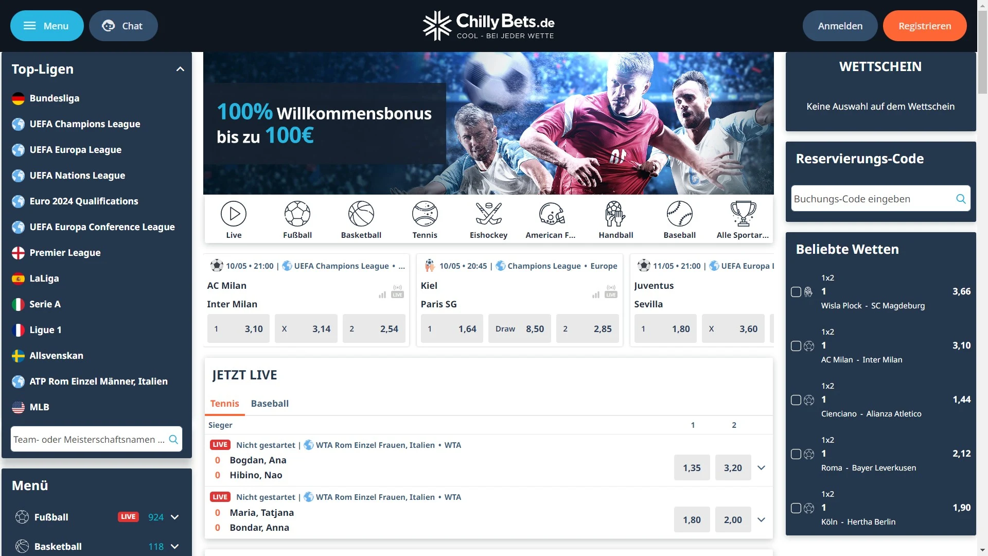 ChillyBets Sportwetten Startseite Bonus Desktop