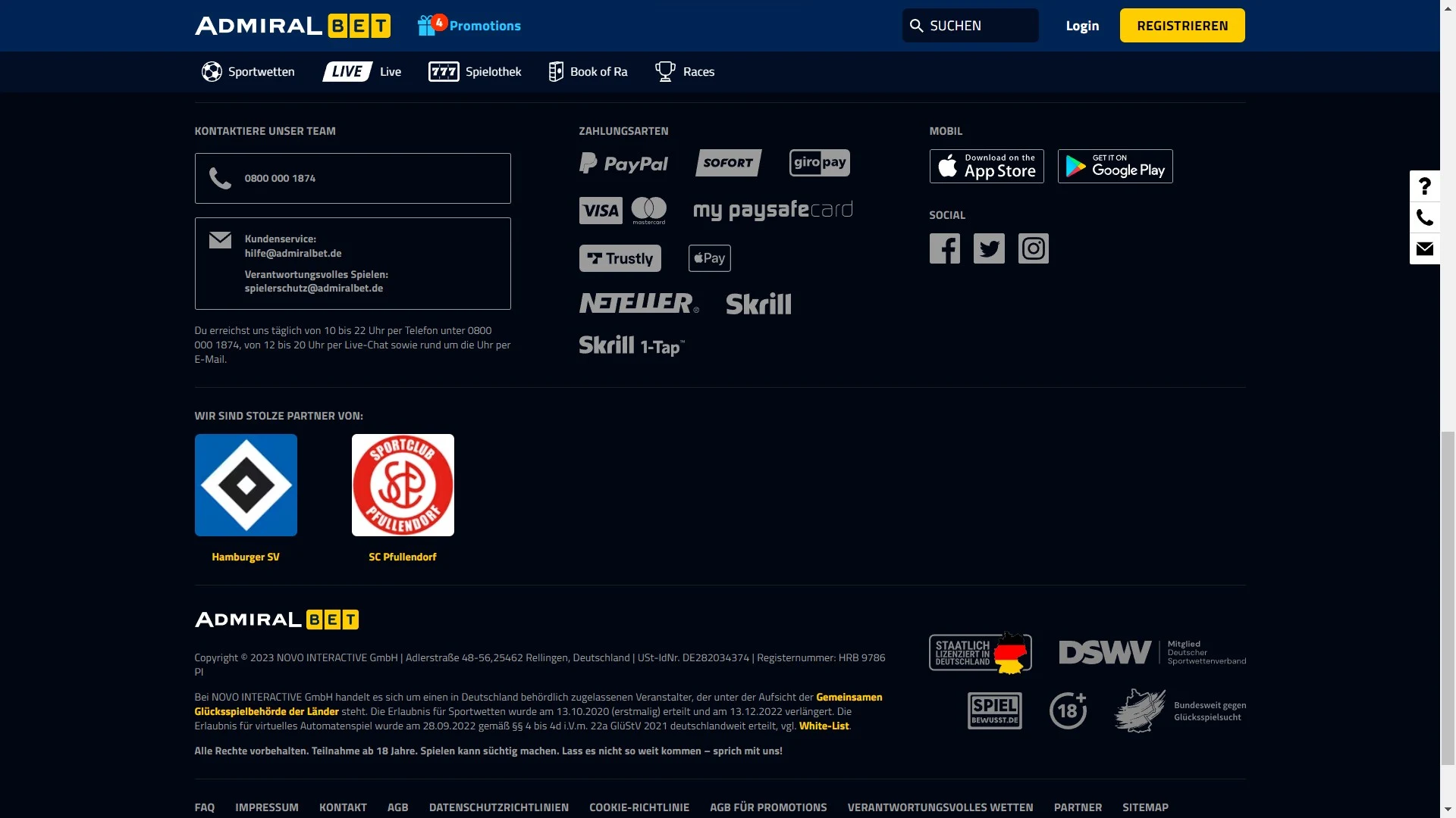 AdmiralBet Zahlungsmittel Startseite Desktop