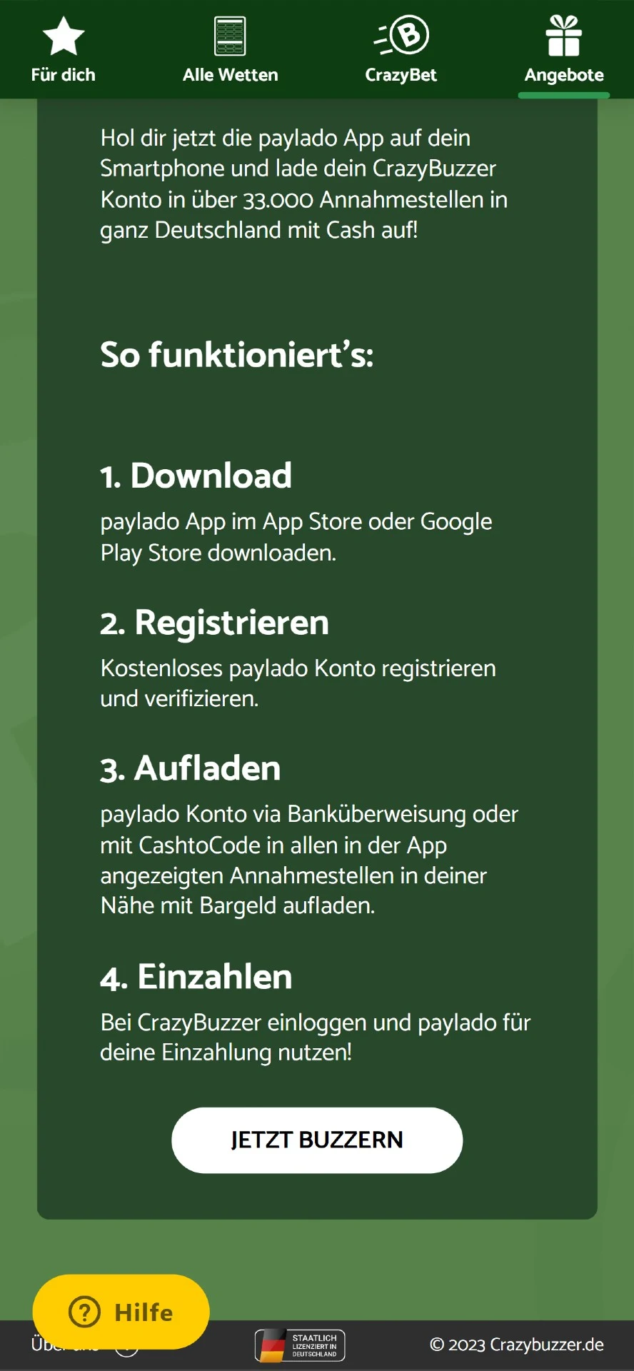 Crazybuzzer Einzahlung Paylado Handy