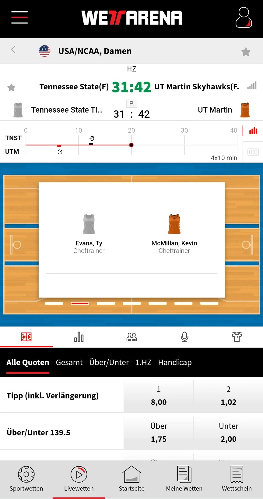 Wettarena Basketball Livewetten Spiel Handy