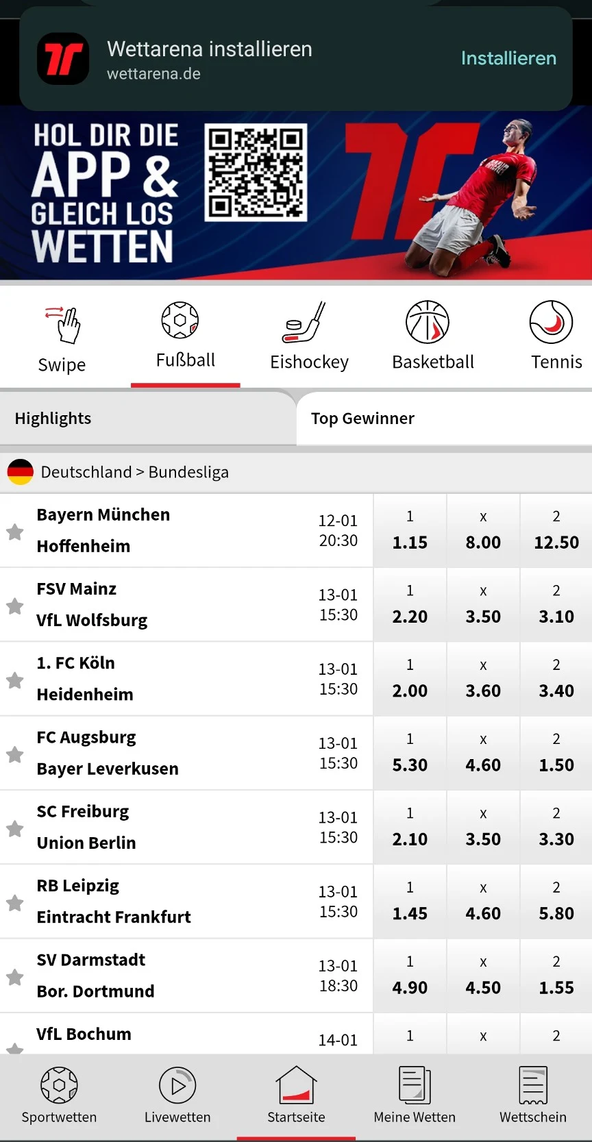 Wettarena Fußballwetten Bundesliga installieren Handy