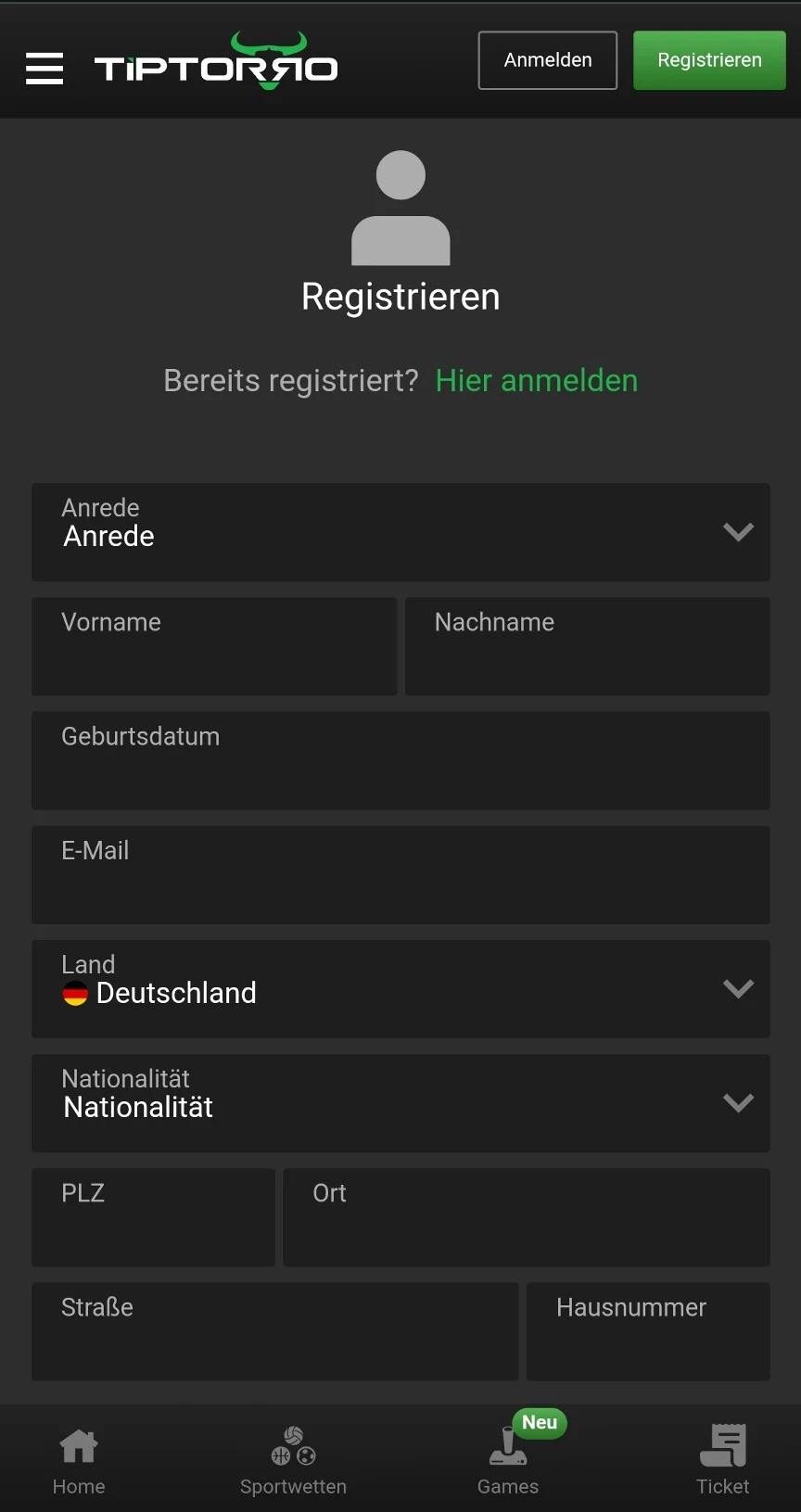 Tiptorro Registrierung neue App Handy